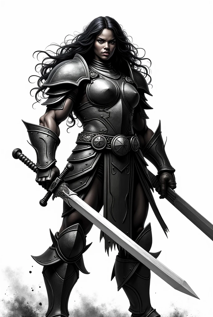 traditional comic art D&D Black woman Warrior black hair long wavy hair heavy armor covering entire body Strong body short sword No background heroic poses Dramatic light and shadow High contrast Two-tone lighting traditional comic book art Less realism Comic book art White background Full armor, without loopholes