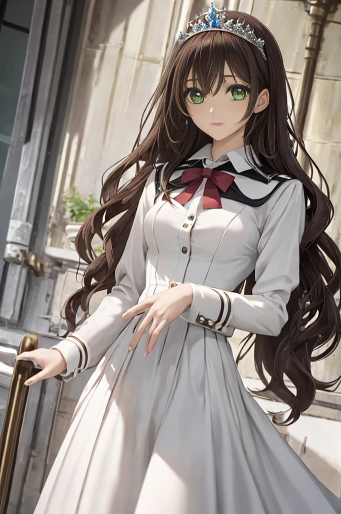 1girl, standing, masterpiece,best quality,vibrant image, sharpness, colorful,perfect eyes, detailed eyes, detailed hair, 1girl, solo, black brown hair, extremely long wavy hair, very long hair, white tiara, white dress, green eyes, medium chest, night class uniform 