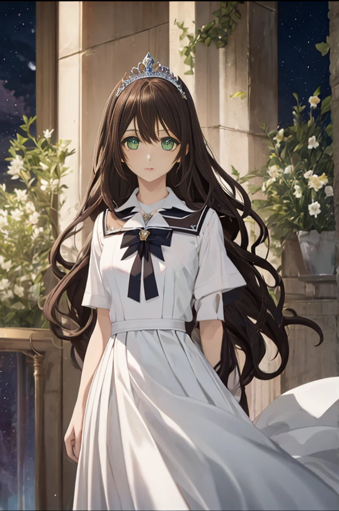 1girl, standing, masterpiece,best quality,vibrant image, sharpness, colorful,perfect eyes, detailed eyes, detailed hair, 1girl, solo, black brown hair, extremely long wavy hair, very long hair, white tiara, white dress, green eyes, medium chest, night class uniform 