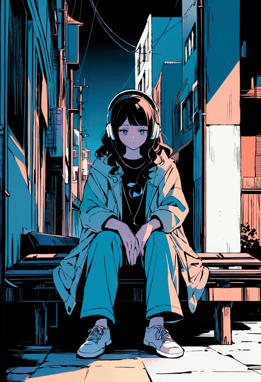 Anime style illustration of a boy sitting on a city bench. he長い間, She has light wavy hair and is wearing headphones. he、Dressed casually with a dark shirt and loose coat over his clothing。. In the background there is a street with buildings and utility poles., Beautifully drawn, With minimalist lines. The overall color scheme is soft and dark., Gives the image a calm and relaxing feel."Music logo