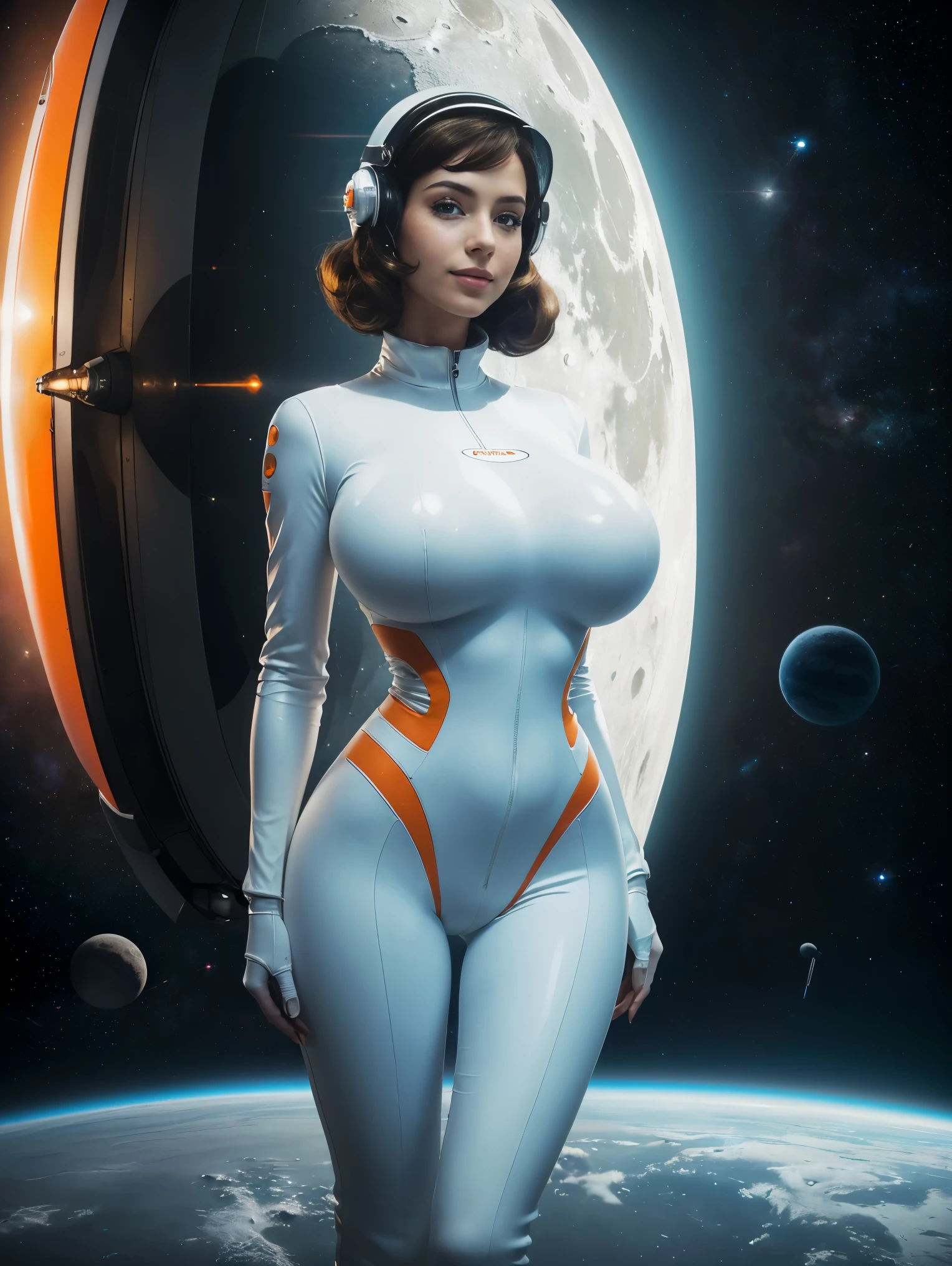 (masterpiece, top quality, best quality, official art, beautiful and aesthetic:1.2), (1girl:1.3), light freckles, fair skin, extremely detailed, portrait, looking at viewer, solo, (full body:0.6), detailed background, close up, (bright space pinup theme:1.1), busty 1950's pinup brunette space girl, charlatan, smiling, happy, mysterious, spacewalk, modest attire, white and orange space suit, spacesuit, helmet, bodysuit, ray gun, long boots, pouches, jetpack, glass helmet, rocket ship, ((((narrow hips, slim sexy body, medium breasts)))), slim waist, slim hips, long legs, futuristic (moon exterior:1.1) background, dark mysterious lighting, shadows, magical atmosphere, dutch angle,