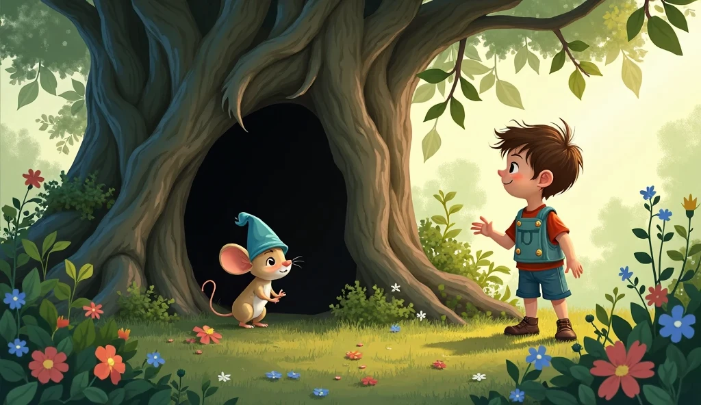 in a sunny day, while investigating the flowers in the garden, a boy spotted a little mouse wearing a blue hat, very elegant pointy. His little eyes shone with intelligence and curiosity..