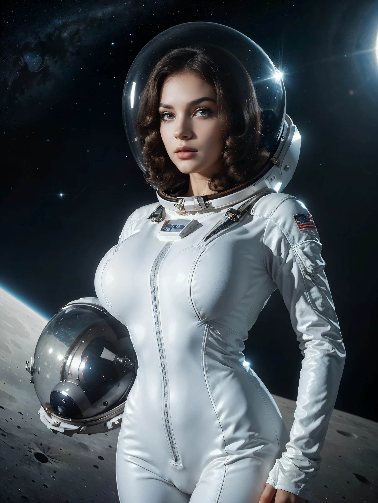 Gorgeous and sultry busty athletic (thin) brunette astronaut with sharp facial features wearing victory curls, white space suit, space helmet, spacesuit, bodysuit, ray gun, jetpack, spaceship, 1960's, space, lunar surface, moon, earth rise, Earthrise, space, stars