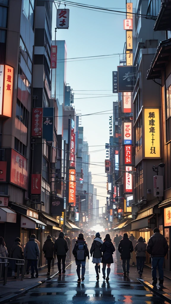 Tokyo anime, shibuya, clear sky, strong light, anime people walking down the street, paisaje, 4K