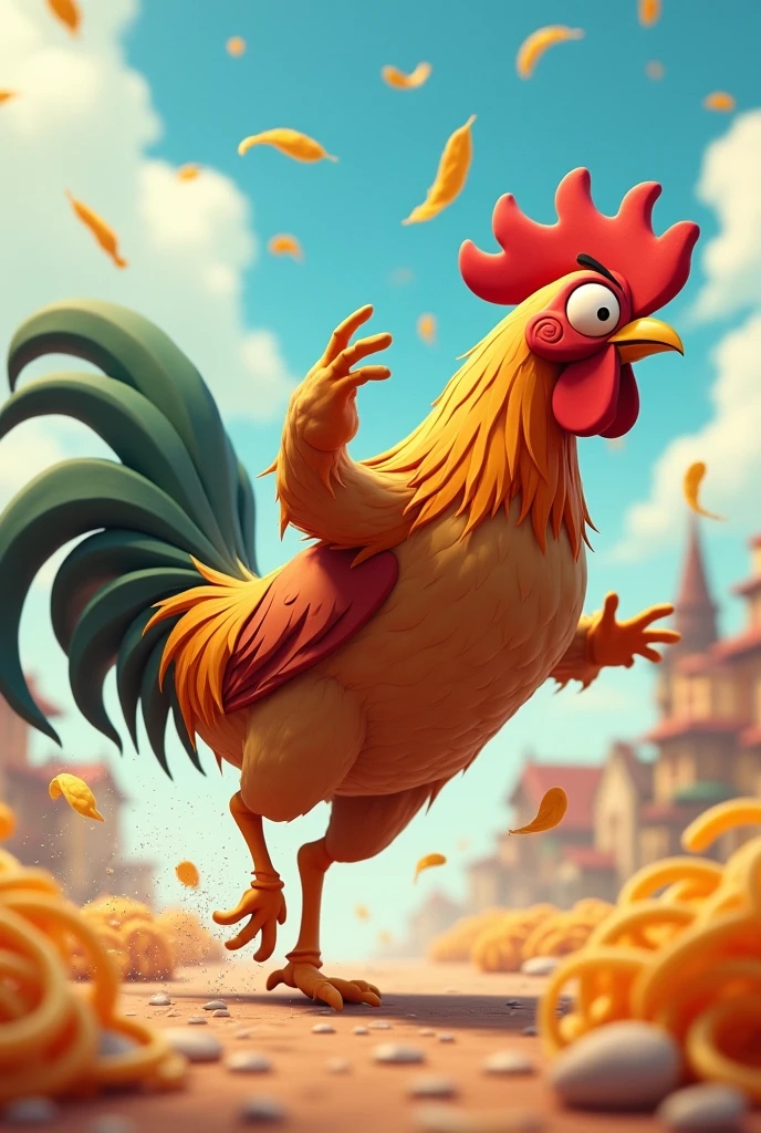 A 3d anime photo, of a desperate rooster running away from a noodle