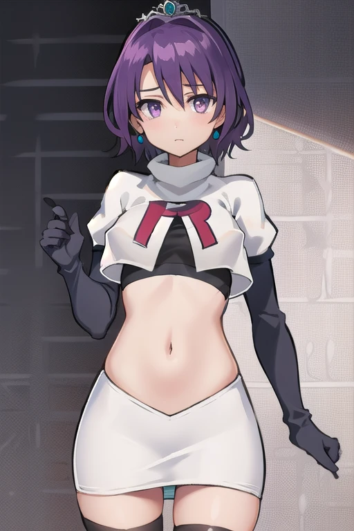 best quality, (masterpiece:1.2), illustration, absurdres,
(1girl, solo), (beautiful detailed girl), 
Klaudia von Auslese, purple_hair, short_hair, purple_eyes, small_breasts, timid, (shy:0.8),
jewelry, silver tiara, team rocket,team rocket uniform,white skirt,red letter R,crop top,black thigh-highs,black elbow gloves, looking at viewer,
