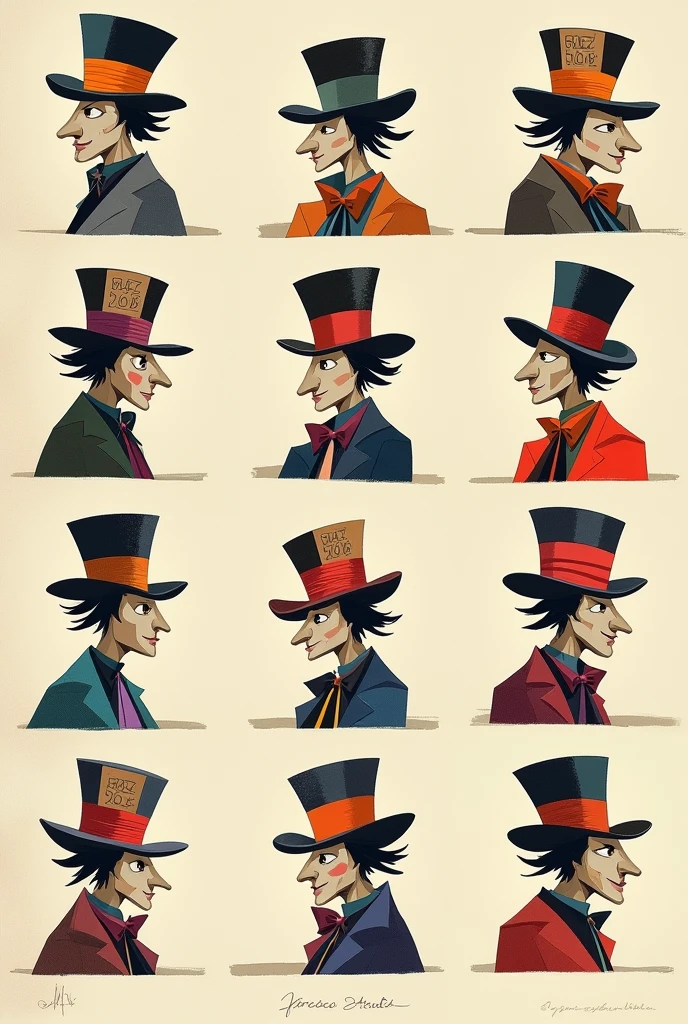 “Create a series of twelve squares showing the development of the Mad Hatter from Alice's Adventures in Wonderland following Picasso's technique in Bull's Head. Each box should show progress in the drawing., using Picasso's style characterized by the decomposition of forms and geometric simplification. The goal is to build the character in a progressive and abstract way.:
1. Box 1: Draw basic and abstract geometric shapes for the hat and head, like circles and lines, Without details.
2. Box 2: Add additional geometric shapes to outline the face, maintaining simplicity and cubist style.
3. Box 3: Introduce basic shapes for eyes and mouth, using lines and geometric shapes that suggest expression in an abstract way.
4. Box 4: Detail the hat with more defined geometric shapes, adding the poster '10/6' in an abstract way.
5. Box 5: Add geometric details to the face, such as eyebrow shapes and a smile, maintaining the cubist approach.
6. Box 6: Sketch the body with simple, geometric shapes, like rectangles and triangles, to suggest clothing.
7. Box 7: Introduce geometric shapes for arms and hands, maintaining the abstract and minimalist style.
8. Box 8: Add simple shading using areas of solid color and geometric patterns to give volume.
9. Box 9: Continue with the shading, increasing contrast and adjusting shapes for greater depth, maintaining the cubist style.
10. Box 10: Apply flat colors to the hat, clothes and skin, using solid colors and areas delimited by geometric shapes.
11. Box 11: Add additional color details and more complex shading, using solid color techniques and geometric contrasts.
12. Box 12: Finish the illustration with a complete and detailed finish, preserving Picasso's cubist and abstract style