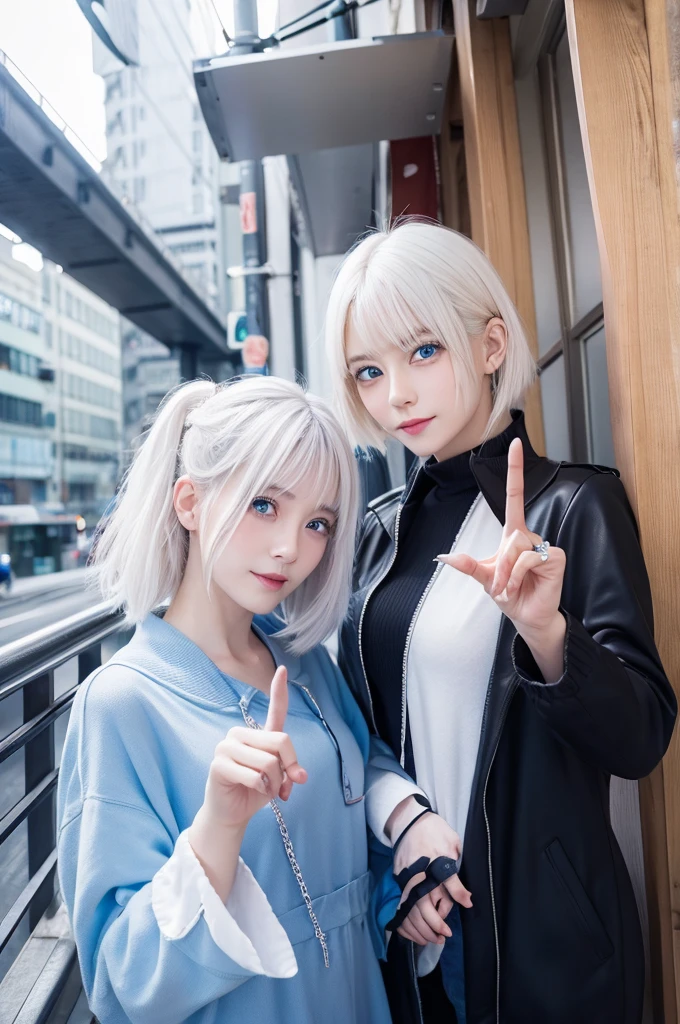 The white-haired one is making a peace sign towards me.、blue eyes、cute、Tsundere