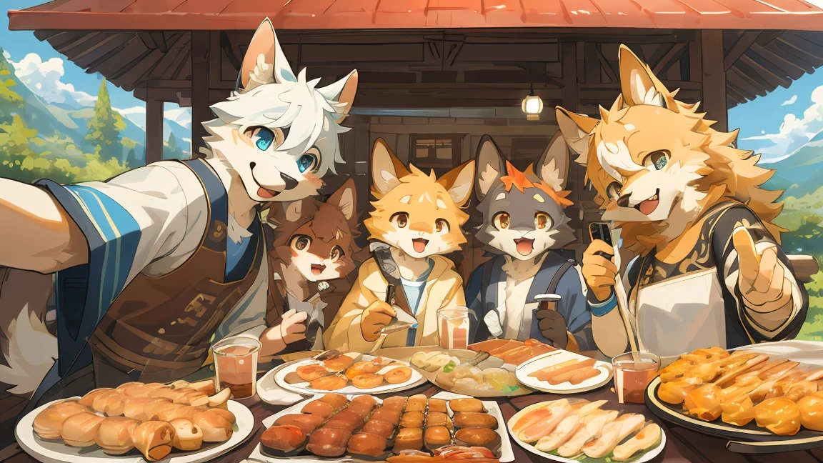 Highest quality, Highest quality, High quality illustrations, masterpiece, Ultra-high resolution, Detailed Background, Detailed Background, barbecue, Group shot:0.5, 6+, 6+, Happy, Joyful, Absurd(Very exquisite beautiful face and eyes)Perfect Anatomy(kemono, Furry Personification)Selfie:0.2,