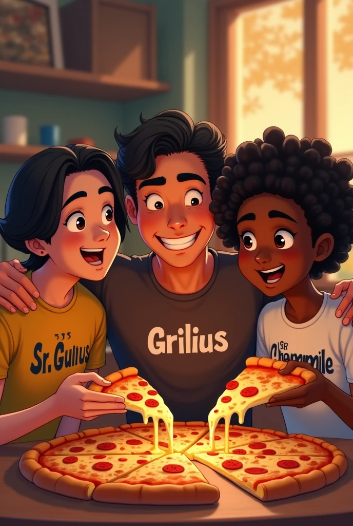 make a picture where 3 friends are together eating pizza. the first friend is white, has straight black hair and is wearing a shirt that says SR. GUILUS, the second friend has black wavy hair, He is muscular and is wearing a shirt that says SR. JAMES, the last friend is black, thin with short curly hair and wearing a shirt that says SR. CHAMOMILE. Make the names on the shirts explicit