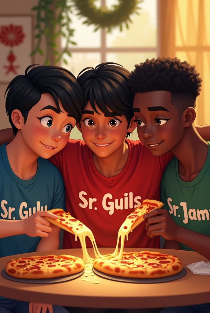 make a picture where 3 friends are together eating pizza. the first friend is white, has straight black hair and is wearing a shirt that says SR. GUILUS, the second friend has black wavy hair, He is muscular and is wearing a shirt that says SR. JAMES, the last friend is black, thin with short curly hair and wearing a shirt that says SR. CHAMOMILE. Make the names on the shirts explicit