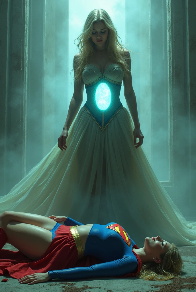 The princess, who wears a dress that has a window in the belly, She has been possessed by the boss and now sees Super Girl's body on the floor, Super Girl, masked, who wears her blue crop top uniform, mini skirt, red cape and boots.