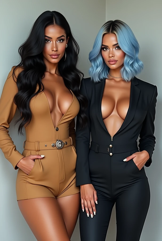 INSTAGRAM MODEL , with long wavy black hair, With her friend,Shoulder-length hair. light blue hair, full body view, sweet outfit, big boobs,  , , (big boobs)