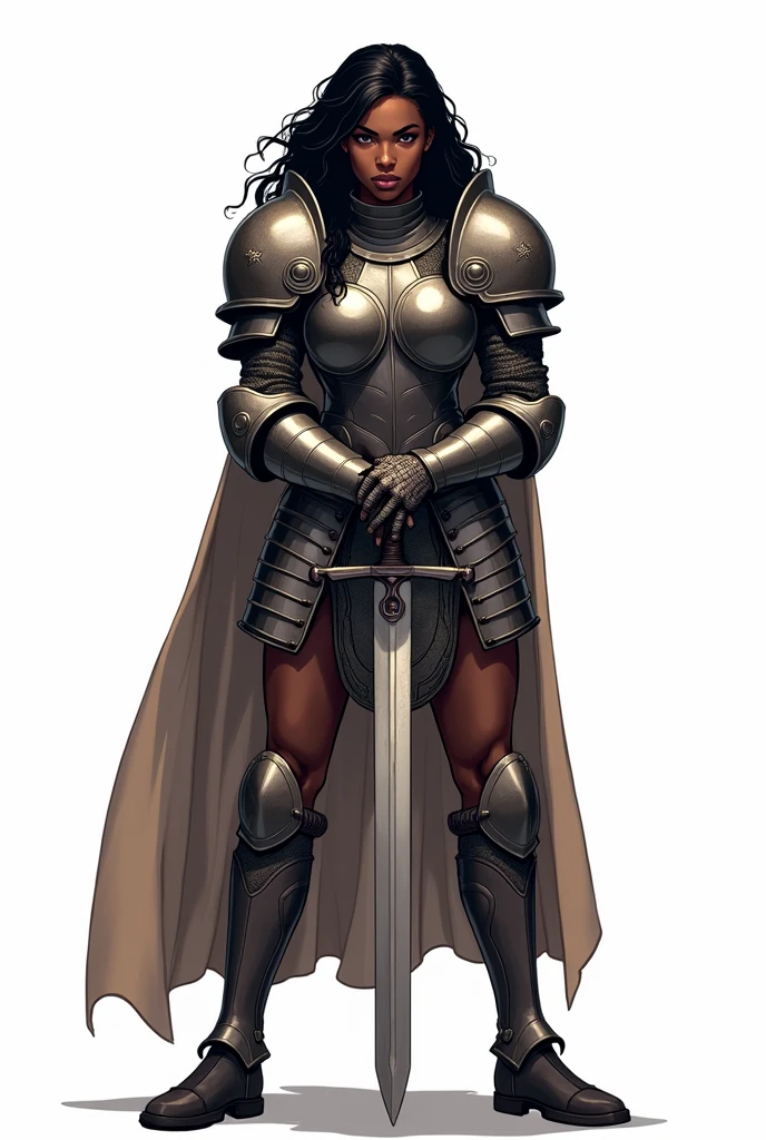 traditional comic art D&D Black woman Warrior black hair long wavy hair heavy armor covering entire body Strong body short sword No background heroic poses Dramatic light and shadow High contrast Two-tone lighting traditional comic book art Less realism Comic book art White background Full armor