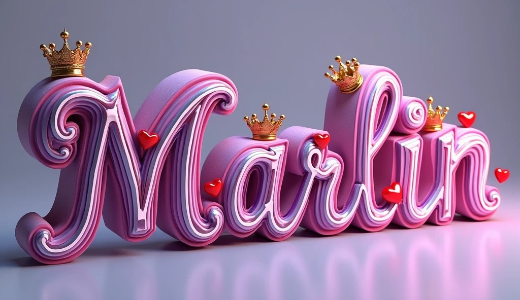 A hyper-realistic, high-resolution image of a 3D illustration that masterfully showcases the 3d name "Marlin" in mesmerizing, opulent lettering. The fuchsia, purple, and white font is embellished with swirling patterns, neon red hearts, and resplendent gold-glowing crowns on each letter, exuding a sense of regal grace and elegance. The composition delicately tilts towards the right, drawing the viewer in with its luxurious shapes and depth. The muted background harmoniously complements the vibrant colors and intricate details, creating a visually striking balance. This captivating portrait pays tribute to the cherished city of Toronto, demonstrating the artist's remarkable talent and expertise in combining photography, 3D rendering, and illustration.