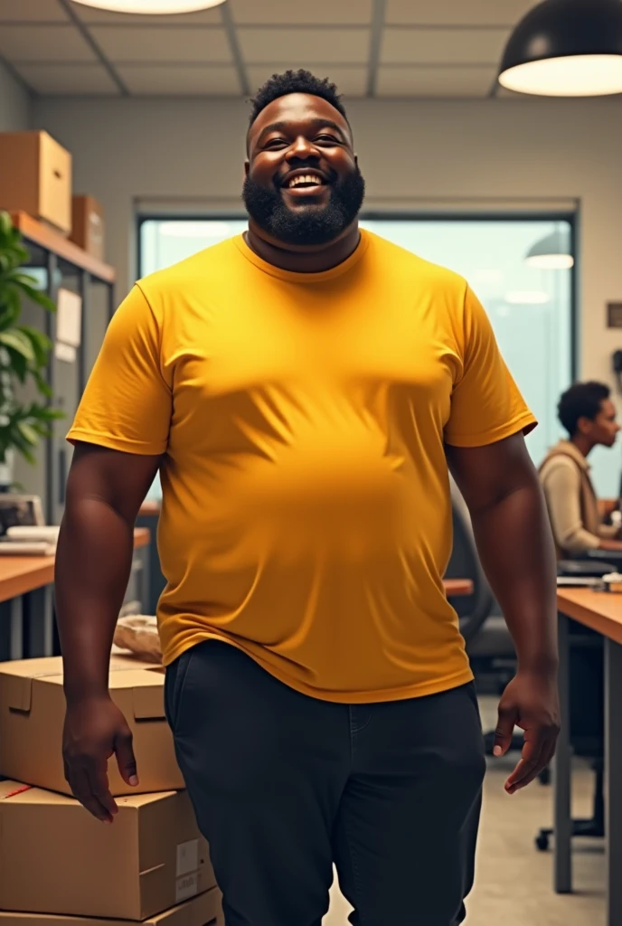 Une chargé africaine teint noir des opérations de livraison grosse et très souriants, habillés en T-shirts jaune sans logo et pantalon noir dans un bureau entrain de travailler