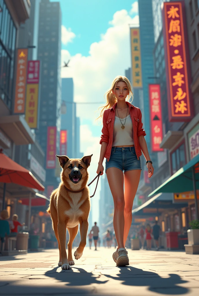 blonde skinny woman with ponytail walking in the city with short-haired female mongrel dog with black snout