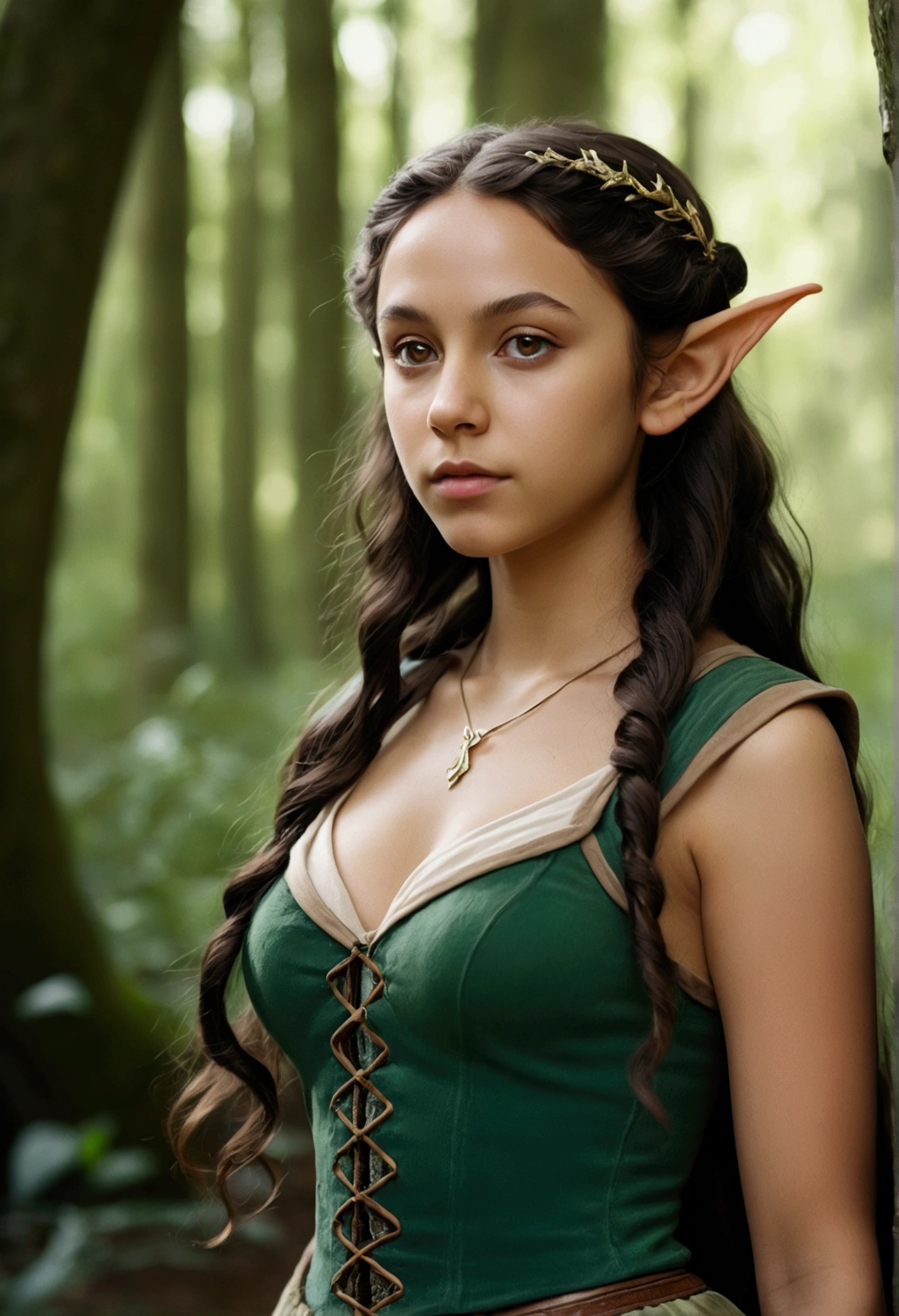 analog film photo, photo of an elven maiden, 18-years-old, elf ears, tan complexion, amber eyes, dark hair, long wavy curls, Amazonian stature, toned hourglass figure, busty breasts, narrow waist, full wide hips, big round butt, wearing a tank top and a battle skirt, strolling along a fantasy landscape, RAW Photograph, dslr, soft lighting, high quality, film grain, Fujifilm XT3, detailed skin with visible pores, insane details, masterpiece, 8k, 35mm photograph, dslr, kodachrome, faded film, desaturated, grainy, vintage, Lomography, stained, highly detailed, found footage, close-up shot, elven ears