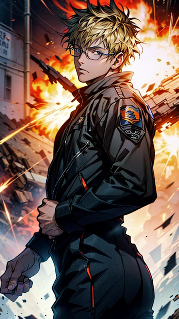 Main character:
Appearance: Young man, tall and thin. Blonde brown hair, well combed. Brown beard, trimmed and well maintained. Perfect fingers. Accessories: Glasses to see, with modern frames. Clothing: Black tactical suit, fitted and designed to highlight your athletic figure.
Scenario: Explosion in the background: A large explosion occupies the center of a square. Fire and debris are thrown into the air, capturing the chaos of the moment. The sky lights up in an intense orange glow from the explosion. Nearby buildings and structures are partially silhouetted by the bright light of the detonation. Visual style:
Quality: High Definition (HD), with sharp details in all elements.
Lighting: The glow from the explosion illuminates the character from behind, creating a dramatic contrast.
Tone: Epic and cinematic 8k, with an emphasis on the serenity of the character against the chaos of the background. Ultra high definition, high resolution, extremely CG details, animated style, cinematic portrait photography, masterpiece, hyper detail