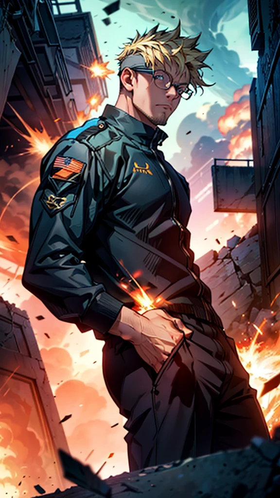 Main character:
Appearance: Young man, tall and thin. Blonde brown hair, well combed. Brown beard, trimmed and well maintained. Perfect fingers. Accessories: Glasses to see, with modern frames. Clothing: Black tactical suit, fitted and designed to highlight your athletic figure.
Scenario: Explosion in the background: A large explosion occupies the center of a square. Fire and debris are thrown into the air, capturing the chaos of the moment. The sky lights up in an intense orange glow from the explosion. Nearby buildings and structures are partially silhouetted by the bright light of the detonation. Visual style:
Quality: High Definition (HD), with sharp details in all elements.
Lighting: The glow from the explosion illuminates the character from behind, creating a dramatic contrast.
Tone: Epic and cinematic 8k, with an emphasis on the serenity of the character against the chaos of the background. Ultra high definition, high resolution, extremely CG details, animated style, cinematic portrait photography, masterpiece, hyper detail
