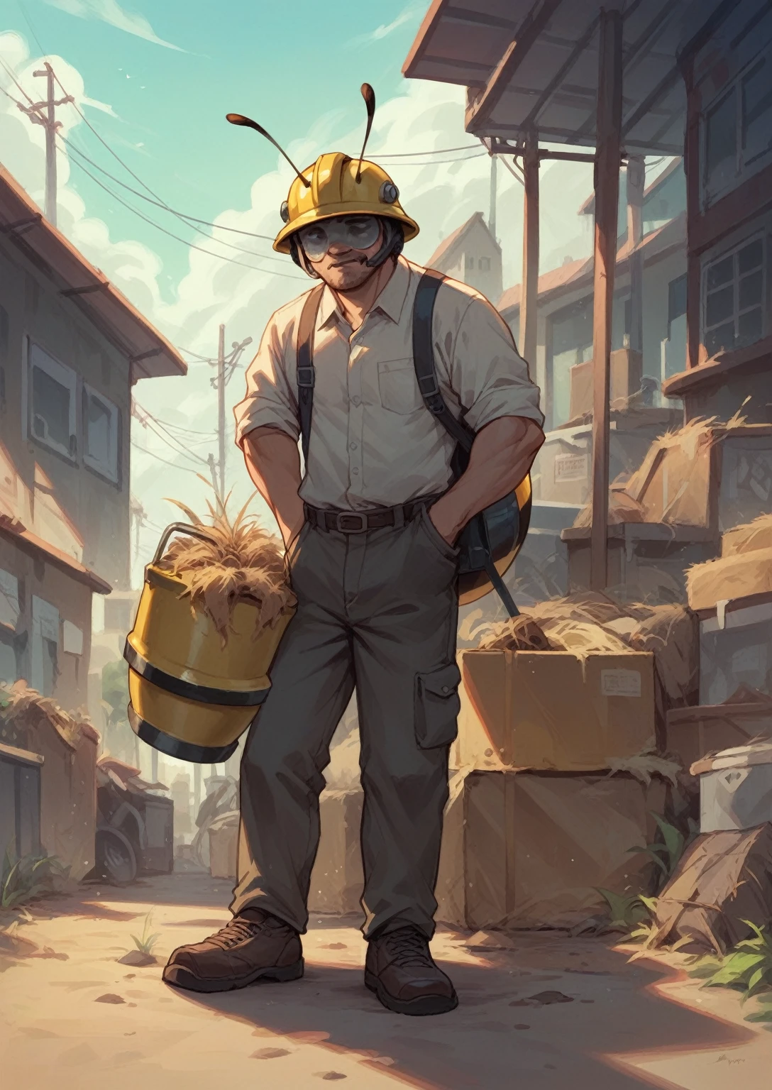 bee insect with construction helmet and architect plans.