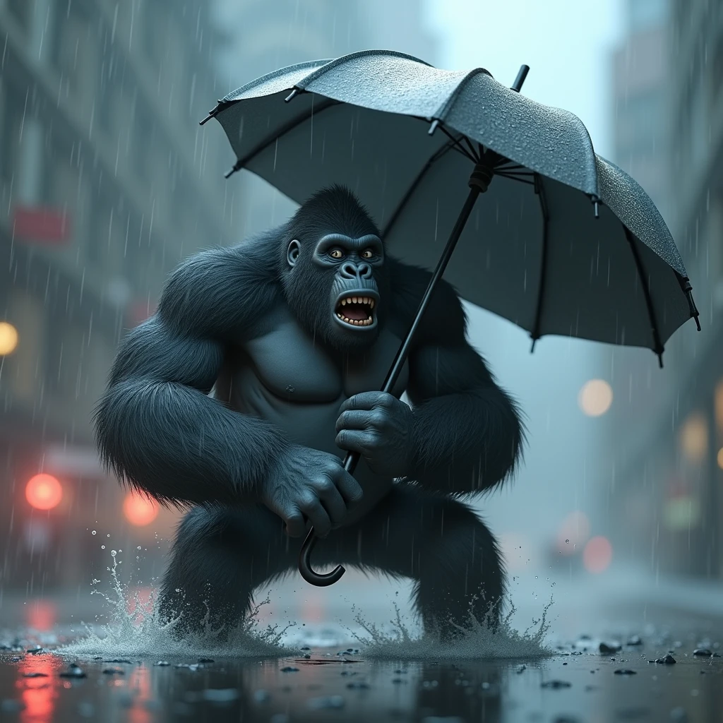 3D Animation、Gorilla holding an umbrella in a rainstorm、The wind is distorting the umbrella、Holding an umbrella with both hands、heavy rain、storm、Strong winds