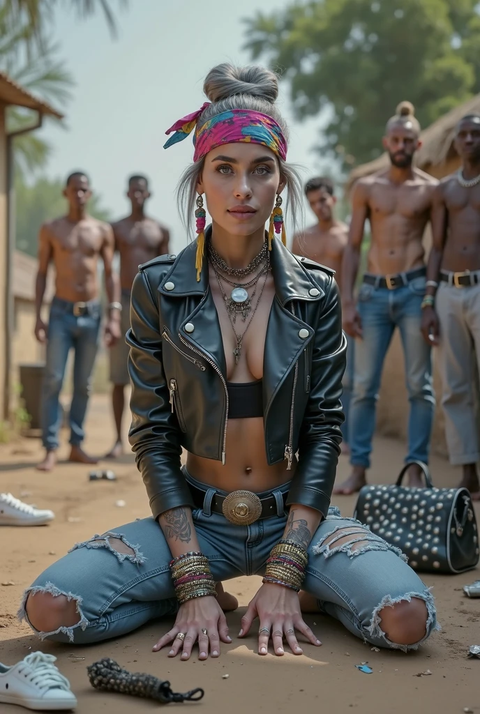 russian milf woman, grey  hair (top bun, shaved sides), colourful bandana as headband, with very light blue eyes, extremely pale skin. Wearing tight aged black moto jacket studded collar) with lots of zippers and pins, worn skinny dark blue jeans with patches, wet knees. Barefoot, with bracelets around ankles. Chain around hips like belts. Dirty knees, dirty feet and muddy hands. Wide studded belt. Lots of metallic bracelets, lots of boho pendants and lots of colourful beads collars. Long huge boho. Chains around the hips. Squatting on a puddle with hands on her hips, looking up, chin up, stretching her neck , humble facial expression. Bracelets in ankles and rings in fingers. Black nail polish. studded black leather tote bag with chain on the floor, next to her.. Listening looking up in amazement to somebody speaking to her from the sky, upper teeth visible. Well toned abdominals, thin neck, slim legs and thin arms. Narrow hips Cleavage, stomach, neck, tigh and hands completely covered with tattoos. Dirt street in Kenyan village full of waste. A lot of tanned shirtless fat men in jeans around looking at her. next to her, all her belongings scattered on the floor: tobacco packs, makeup kit, little makeup mirror, studded black leather tote bag, lipstick, wallet, moble etc on the floor