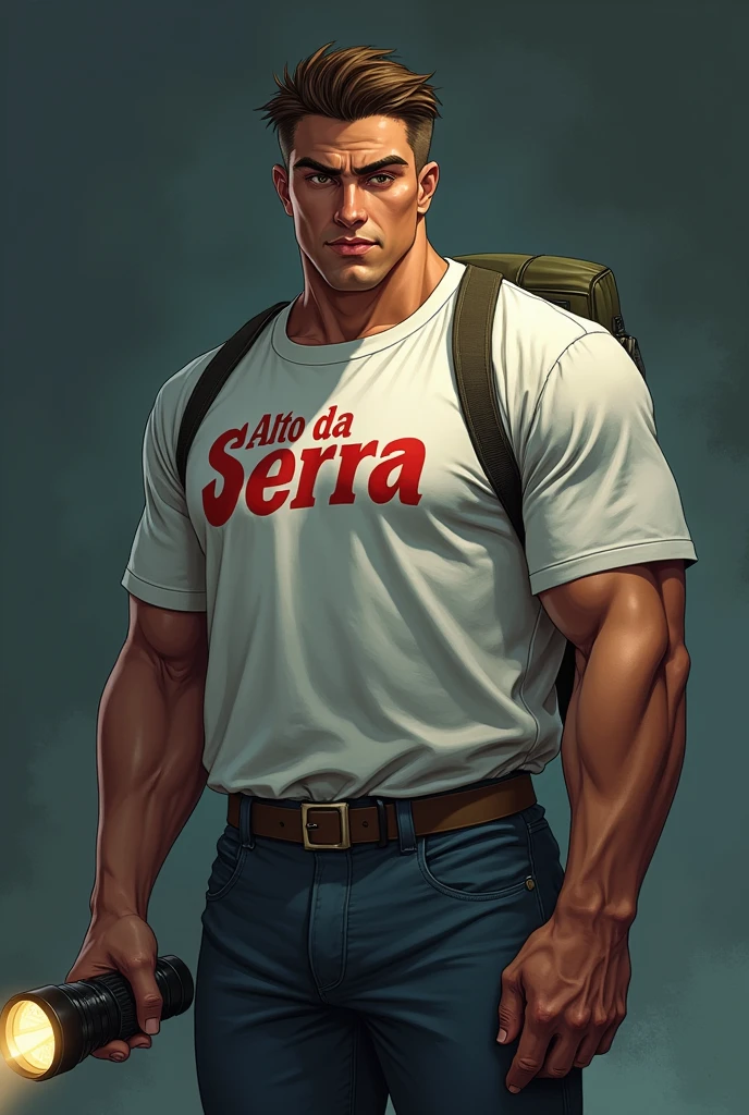 Homem de 20 anos large and tall com expressão de mistério, large and tall, his appreciation for fighting sports such as judo and Greco-Roman wrestling is really reflected in his physical constitution, her hair is brown in a military cut, his face has a closed expression with slightly arched eyebrows, but her light brown eyes reflect an optimistic and empathetic glow, your mouth and nose are large, respecting the proportions of the rest of your body, Despite being strong, he doesn't care about having a toned body, He always preferred to have greater strength than visible muscles; his thick arms and legs intimidate his opponents in the fighting ring., He has no tattoos but years of training have left marks on his skin, such as bruises and dislocations. wearing a white summer camp t-shirt with Alto Da Serra written in red and a flashlight in his hand, half dark academia, Estilo da DC Comics, imagem sem fundo, dc comics style