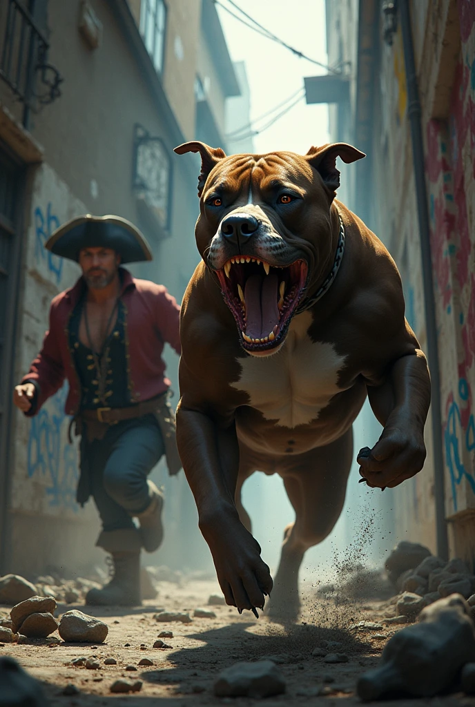 ANGRY PITBULL, ATTACKING A RUNNING PIRATE