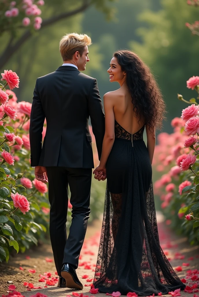 Photo:  une femme de 25 ans, européenne, les cheveux longs noir boucle tombant en cascade sur ses épaules entourant un visage doux aux yeux marron emplie de joie. Elle porte une longue robe noir sexy en dentelle.  Avec elle un homme de 25 ans, ses cheveux mi long blond bien coiffé de entourant un visage aux yeux vert emplie de tendresse. Il porte un pantalon noir de costume et une chemise blanche. Ils se balade main dans la main dans une roseraie 
