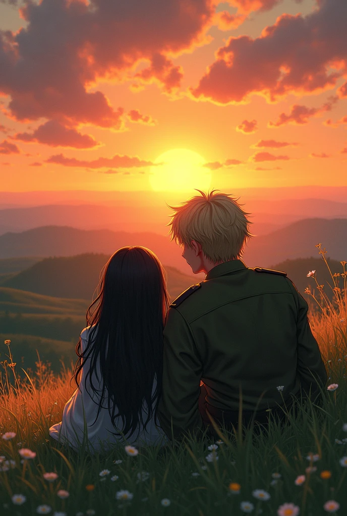 create a scene of a sunset from the top of a hill with a girl with long black hair and a strong military soldier with blond hair lying on the grass watching the sunset