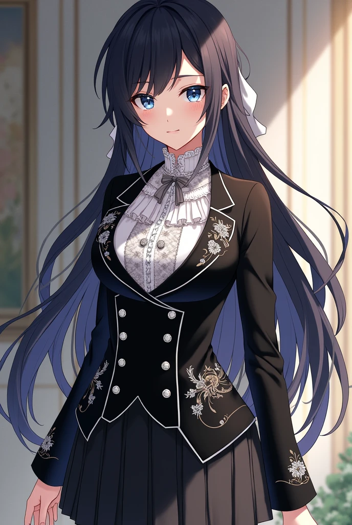 ANIME GIRL NOBLE WOMAN WITH BLUE EYES, BLACK HAIR, DREESING A ANIME GIRL NOBLE WOMAN WITH BLUE EYES, BLACK HAIR, DREESING For girls .Blouse:
Style: Blouse with a high collar and long puff sleeves. The body of the blouse is fitted at the waist, with a slight flare at the bottom. The sleeves have a delicate gather at the shoulders and cuffs fitted with silver buttons.
Fabric: High-quality satin or silk.
Main Color: Black.
Details: Silver embroidery decorates the collar and cuffs, creating an elegant contrast. On the front, the blouse has a decorative silver button fastening.
Ribbon: Silver satin ribbon, tied in a bow at the base of the high collar.
Blazer:
Style: Short, fitted blazer, with a high waistline and a slight train at the back. The lapels are wide and rounded, accentuating the feminine and distinguished cut.
Fabric: Black velvet or lightweight wool.
Main Color: Black.
Details: The lapels and sleeves are adorned with silver embroidery in elegant patterns. The Solaria emblem is embroidered in silver on the left chest, and the buttons are silver with decorative embossing. The blazer has a satin silver lining, which adds a luxurious contrast when open.
Accessories and Complements:
Skirt:
Style: Pleated skirt that falls just above the knee.
Main Color: Black.
Details: Silver stripe at the hem or subtle silver embroidery.
Tights:
Style: Black tights, covering the entire leg up to the waist, with no additional details.
Shoes:
Style: Leather Mary Jane shoes.
Main Color: Black.
Details: Silver, such as a buckle or a small emblem. full body