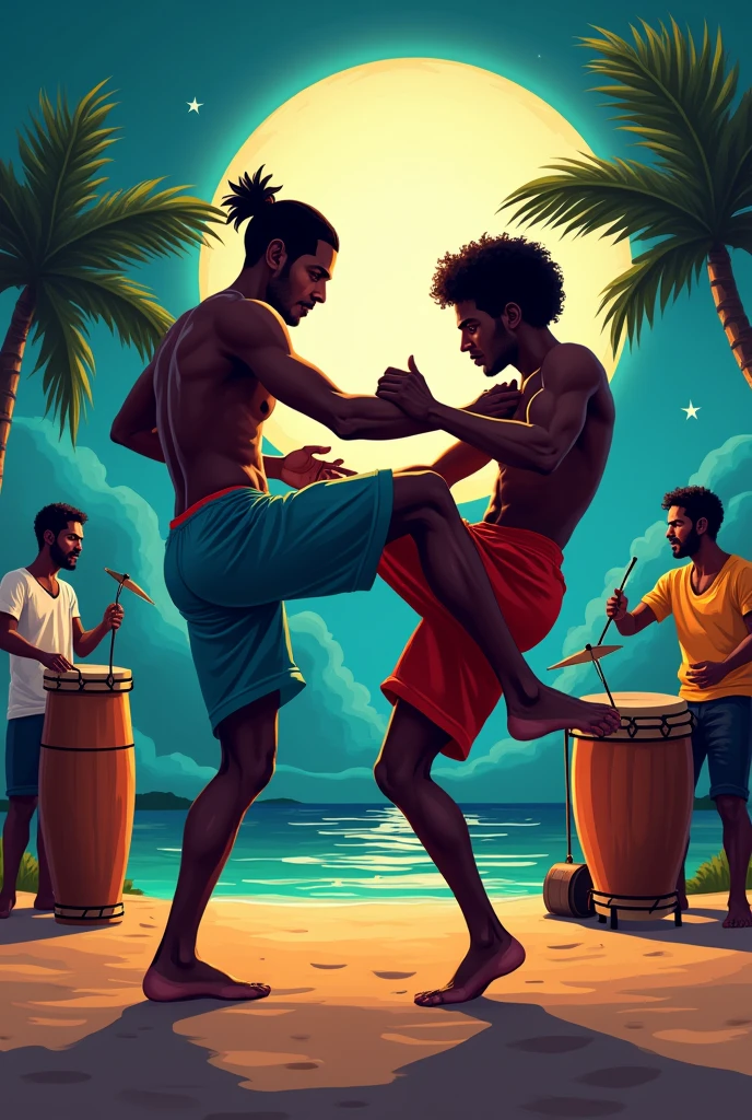 Deux joueurs de capoeira, ils sont noirs, il y a des joueurs de tambour et de conque de lambi. Digital art, cartoon graphism. La scène se passe dans la caraïbe le soir, au clair de lune