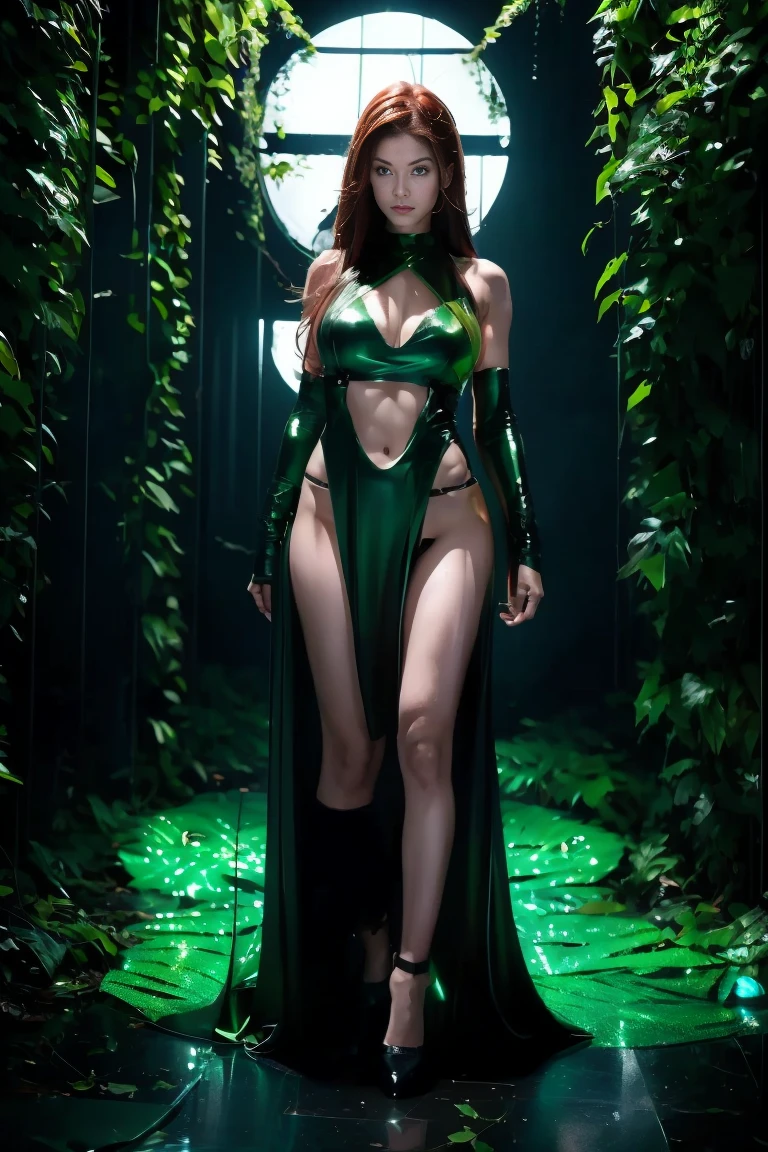 Create a dark, futuristic scene featuring a beautiful scientist with flowing auburn hair and piercing green eyes, dressed in a sleek, metallic bikini, standing in front of a massive, sentient carnivorous plant with glowing leaves and menacing vines. The background should show a dystopian cityscape with an alien mothership looming in the distance and zombies lurking in the shadows. The overall mood should be tense, epic, and filled with a sense of impending danger."
