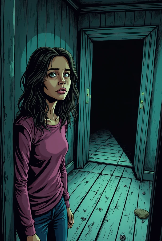 Create a comic-style horror image inspired by the following text: Sarah with a scared expression, looking towards the basement door. The wood floors look old and worn..