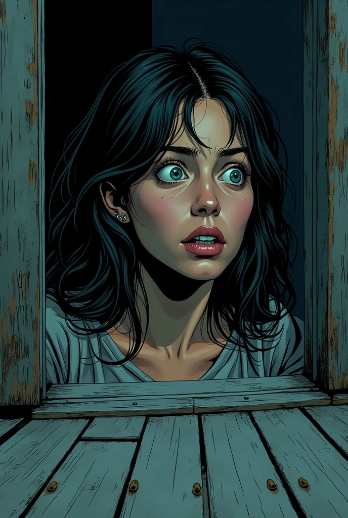 Create a comic-style horror image inspired by the following text: Sarah with a scared expression, looking towards the basement door. The wood floors look old and worn..