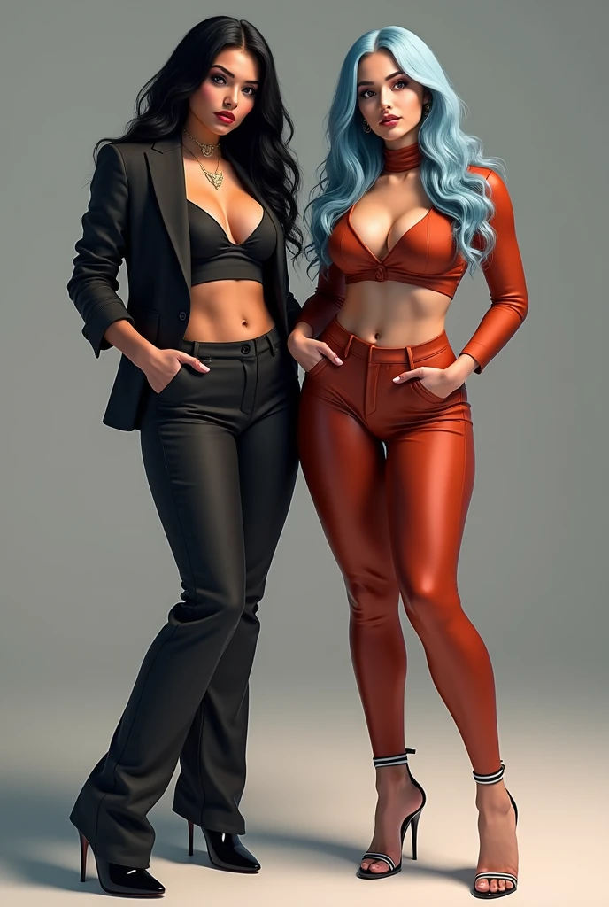 INSTAGRAM MODEL , with long wavy black hair, With her friend,Shoulder-length hair. light blue hair, full body view, sweet outfit, big boobs,  , , (big boobs)