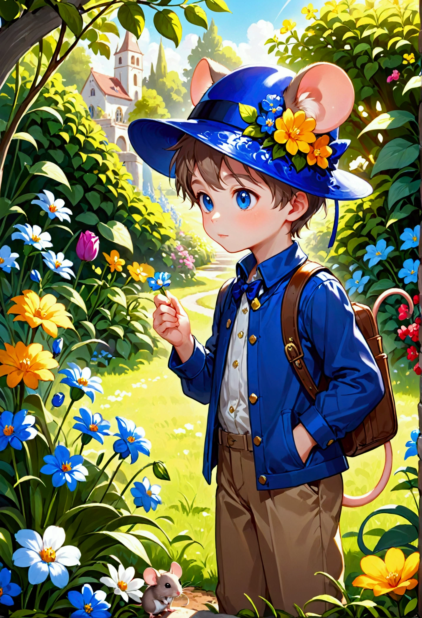 in a sunny day, while investigating the flowers in the garden, a boy spotted a little mouse wearing a blue hat, very elegant pointy. His little eyes shone with intelligence and curiosity..