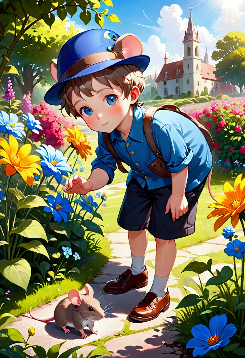 in a sunny day, while investigating the flowers in the garden, a boy spotted a little mouse wearing a blue hat, very elegant pointy. His little eyes shone with intelligence and curiosity..