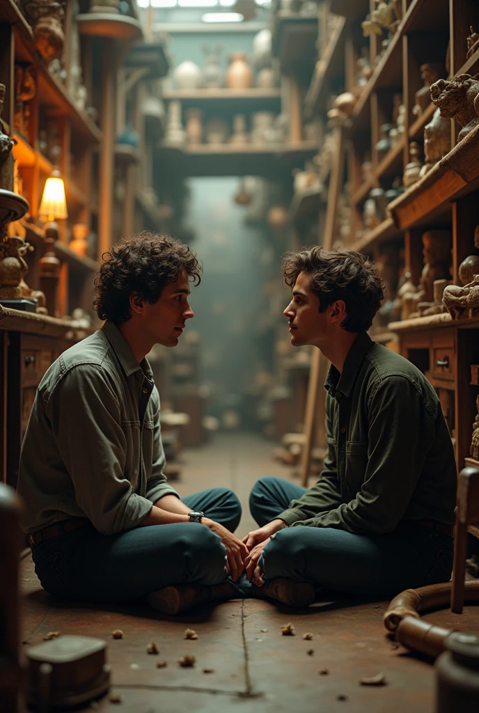 Timothée Chalamet and Leo Woodwall sit next to each other cross-legged on the floor of an antiques house that looks like a large library or a treasure trove with old furniture and homemade sculptures for sale, in an intimate moment between them.