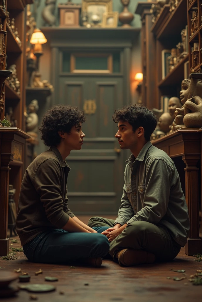 Timothée Chalamet and Leo Woodwall sit next to each other cross-legged on the floor of an antiques house that looks like a large library or a treasure trove with old furniture and homemade sculptures for sale, in an intimate moment between them.