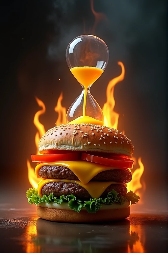 Burger with an hourglass and fire
