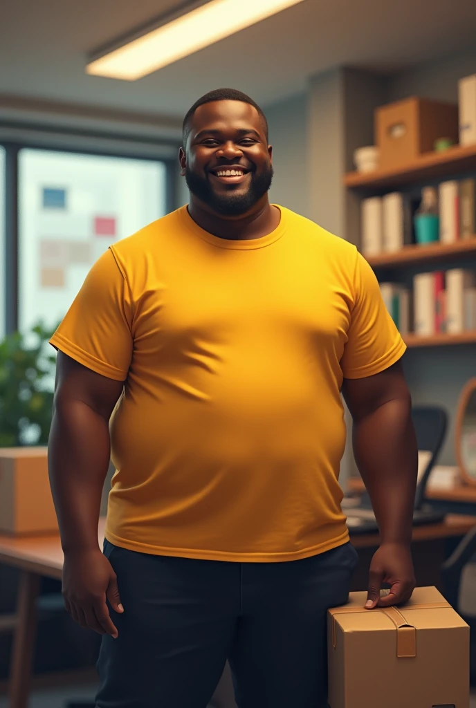 Une chargé africaine teint noir des opérations de livraison grosse et très souriants, habillés en T-shirts jaune sans logo et pantalon noir dans un bureau entrain de travailler