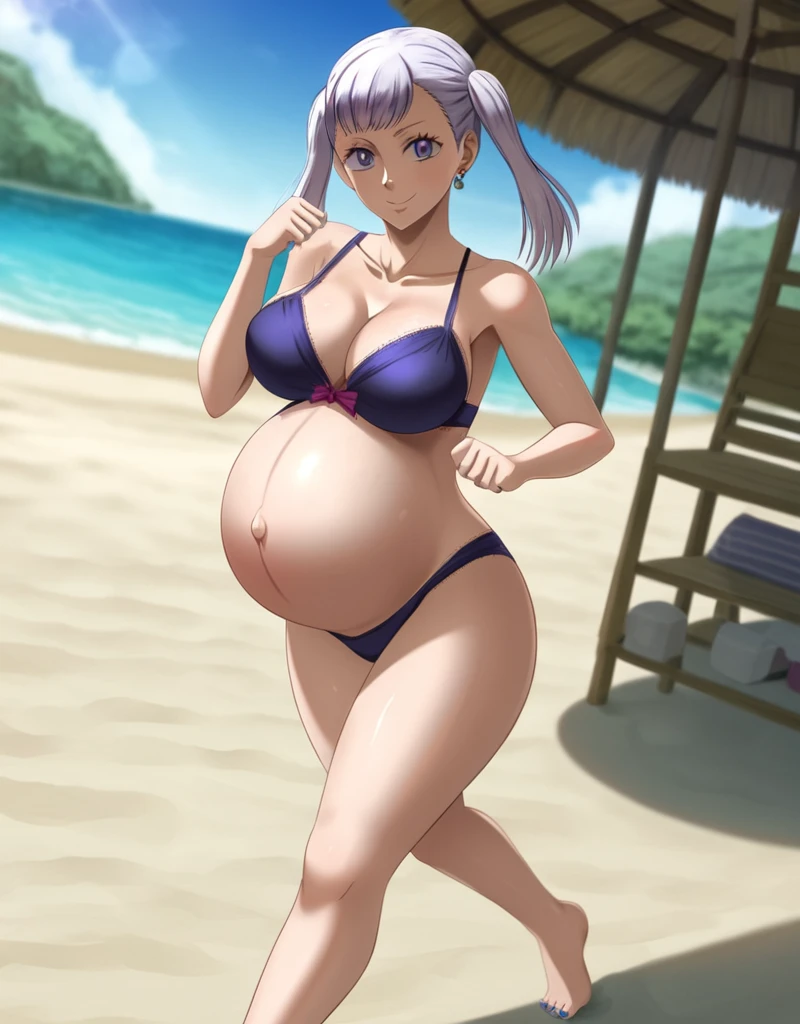 noelle_blackclover, Noelle Silva, Black Clover, long silver hair, waist-length hair, half-up half-down hairstyle, ribbon, side-parted bangs, almond-shaped blue eyes, high-quality, ultra-detailed, beast quality, 8K resolution,
looking at viewer, dutch angle, cowboy shot, smile, pregnant belly, large belly, big belly, big Breasts, belly button, Earrings, running,
1girl,solo, indoors, beach, happy, Smiling, rub belly, selfing,
full body, Nail polish, Shiny skin