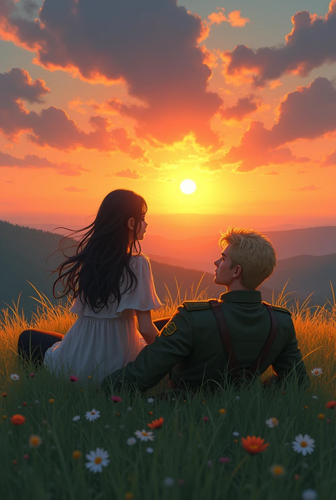 create a scene of a sunset from the top of a hill with a girl with long black hair and a strong military soldier with blond hair lying on the grass watching the sunset
