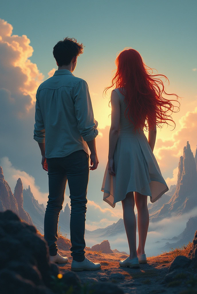 Two people, a black-haired man and a red-haired woman, standing with their backs turned on a planet far from Earth
