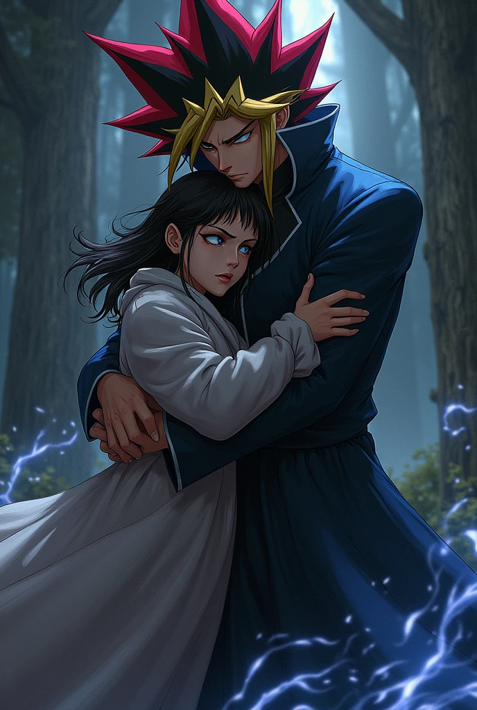 Yami yugi holding kagome tightly from behind in his arms