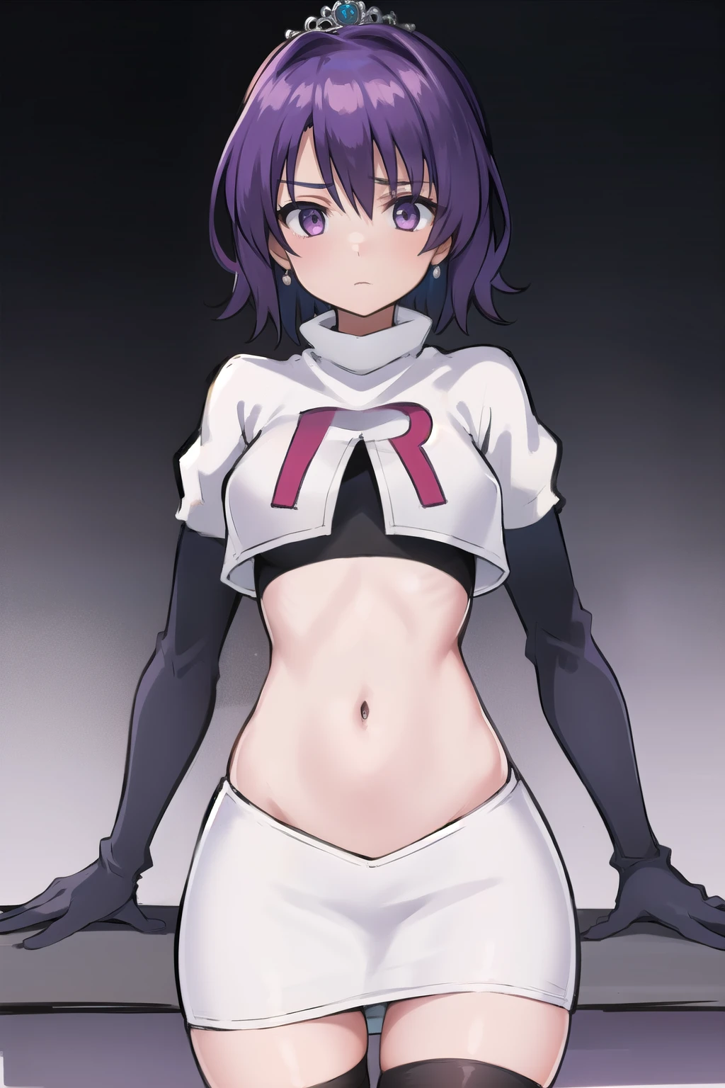 best quality, (masterpiece:1.2), illustration, absurdres,
(1girl, solo), (beautiful detailed girl),
Klaudia von Auslese, purple_hair, short_hair, purple_eyes, small_breasts, timid, (shy:0.8),
jewelry, silver tiara, team rocket,team rocket uniform,white skirt,red letter R,crop top,black thigh-highs,black elbow gloves, looking at viewer,