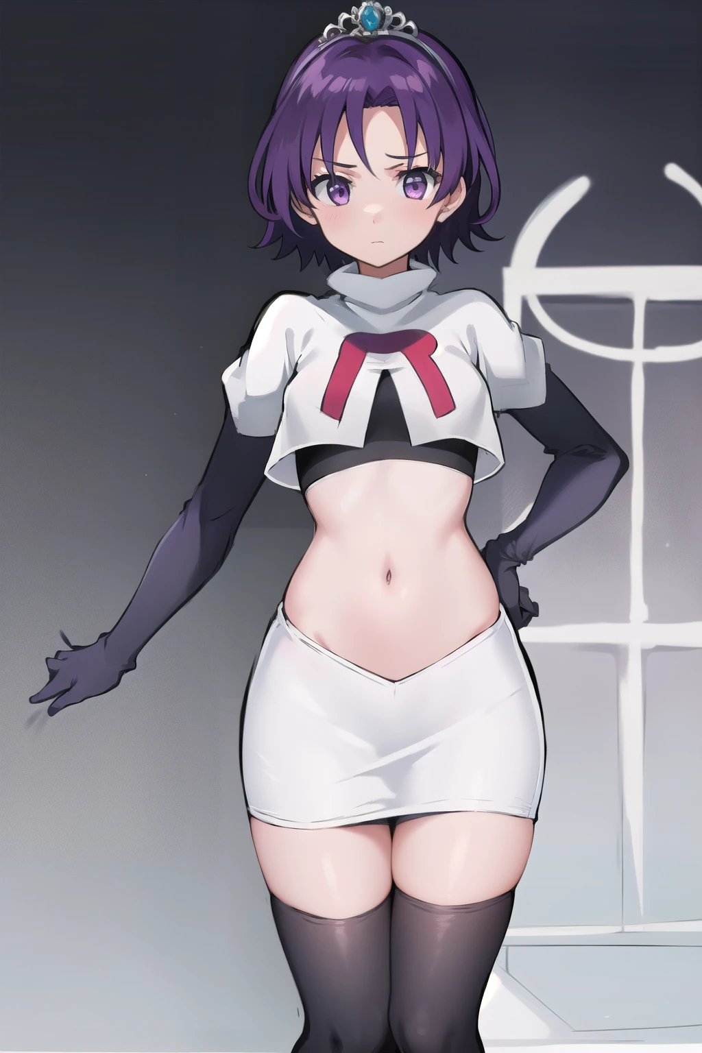best quality, (masterpiece:1.2), illustration, absurdres,
(1girl, solo), (beautiful detailed girl),
Klaudia von Auslese, purple_hair, short_hair, purple_eyes, small_breasts, timid, (shy:0.8),
jewelry, silver tiara, team rocket,team rocket uniform,white skirt,red letter R,crop top,black thigh-highs,black elbow gloves, looking at viewer,