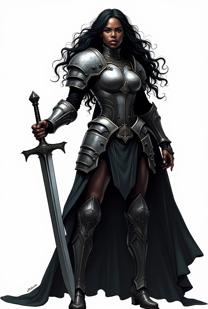 Black woman Warrior black hair long wavy hair heavy armor covering entire body Strong body short sword No background heroic poses Dramatic light and shadow High contrast Two-tone lighting traditional comic book art Less realism Comic book art White background Full armor Comic book art